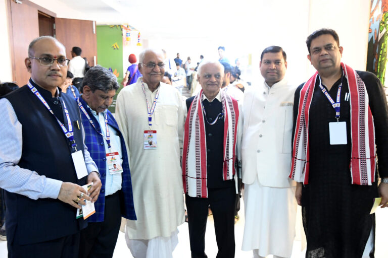 Sundeep Bhutoria with (L-R) K. Sreenivasanrao, Secretary Sahitya Akademi, Madhav Kaushik, President Sahitya Akademi, Vishwanath Prasad Tiwari, veteran Hindi writer, Bhagyesh Jha and Yatindra Mishra poet and author at UNMESHA, International Literature Festival in Bhopal