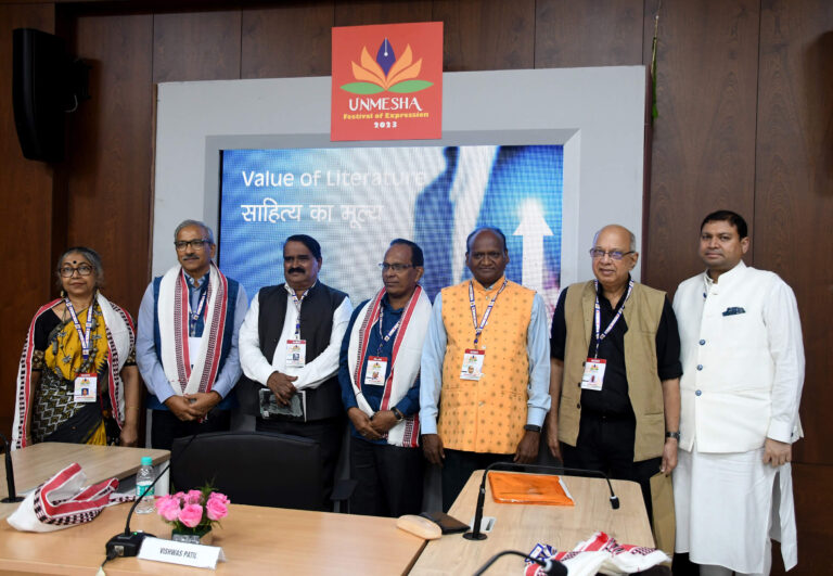 Sundeep Bhutoria along with other panelists during their talk on the topic ‘Value of Literature at UNMESHA, International Literature Festival in Bhopal (L-R) Anindita Bandyopadhyay, AP Maheshwari, Vishwas Patil, Bijayananda Singh, Shiv Narayan Singh and Satish Alekar