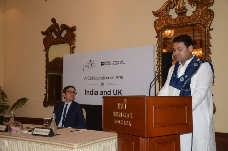 Sundeep Bhutoria delivering his speech (seated Mr Alan Gemmell) at the at the signing of `Collaboration on Arts in UK and India_ agreement with British Council in Kolkata