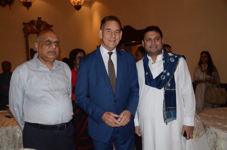 Sundeep Bhutoria with industrialist H M Bangur and Chairman British Council, Christopher Rodrigues at the signing of `Collaboration on Arts in UK and India_ agreement in Kolkata