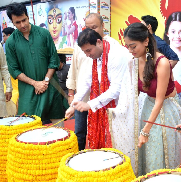 Playing the dhak with Abir and Bibriti Chatterjee at the Chaltabagan Durga Puja Dhak Mahotsav