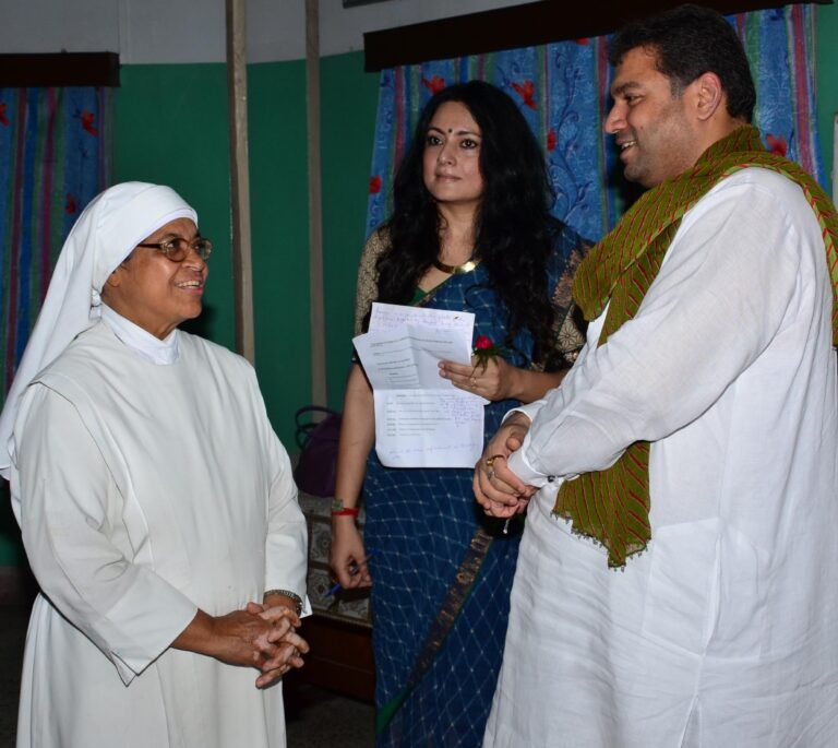 Sundeep Bhutoria with Sister Anne and Agnimitra Paul at Pronam's Dwitiyo Shoishob event for the elderly in Kolkata