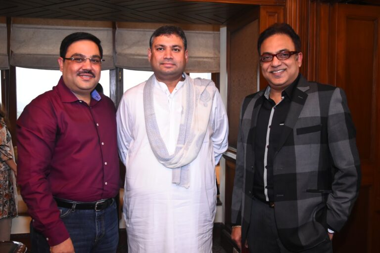 Sundeep Bhutoria with guest author Ravi Subramanian and Arindam Sil at a session of An Author's Afternoon at the Taj Bengal Kolkata