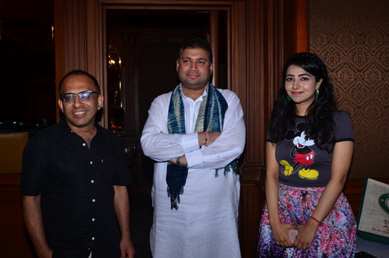 Sundeep Bhutoria with guest author Arunava Sinha and conversationalist Priyanka Mookerjee at a session of An Author's Afternoon at the Taj Bengal Kolkata