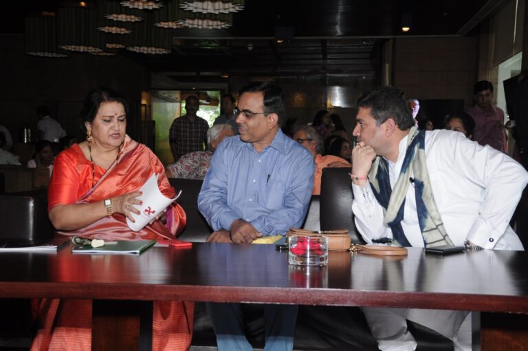 Sundeep Bhutoria with guest author Nadira Babbara and Alok Srivastava at a sessio of Kalam Jaipur at the ITC Rajputana