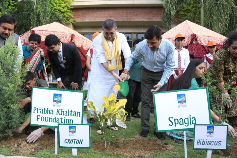 Sundeep Bhutoria watering a freshly planted sapling at a Tree Plantation event organized by Prabha Khaitan Foundation and Spagia at the ITC Rajputana Jaipur