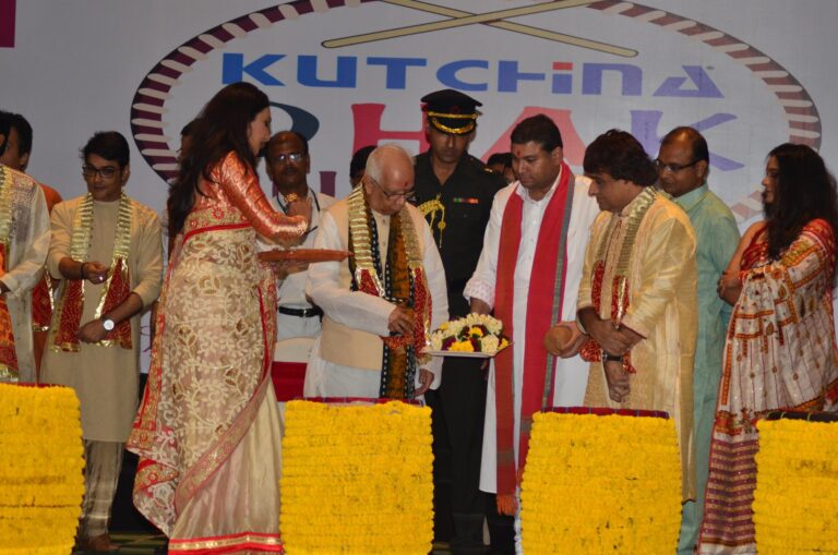 Sundeep Bhutoria with Governor Keshari Nath Tripathi and other guests getting ready to formally inaugurate Kutchina Dhak Mahotsav at the ITC Sonar in Kolkata