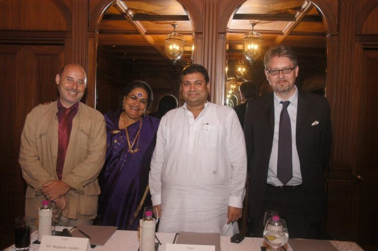 Sundeep Bhutoria with Stephane Amalir, Usha Utthup and Fabrice Etienne at the MoU signing between The Bengal and Alliance Francaise du Bengalie in Kolkata