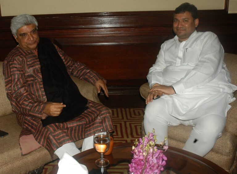 Sundeep Bhutoria with poet and lyricist Javed Akhtar at a poetry reading session in Kolkata