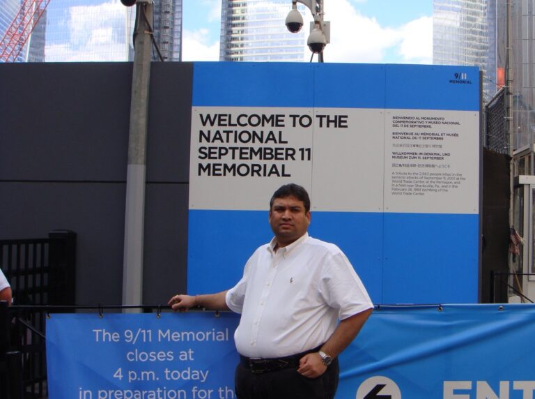 Sundeep Bhutoria in front of the Nine Eleven Memorial in New York