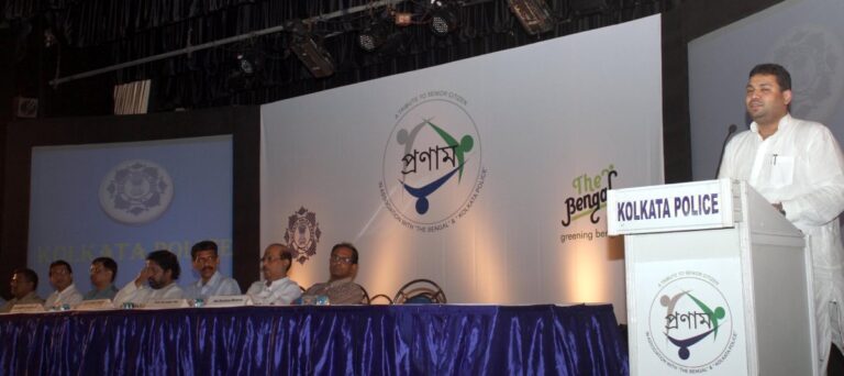 Sundeep Bhutoria delivering his speech at a Pronam program for senior citizens in Kolkata