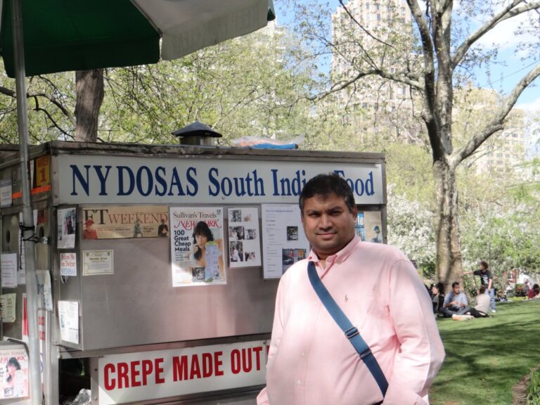 Sundeep Bhutoria in from of famous Dosa Man's stall in New York Universaity