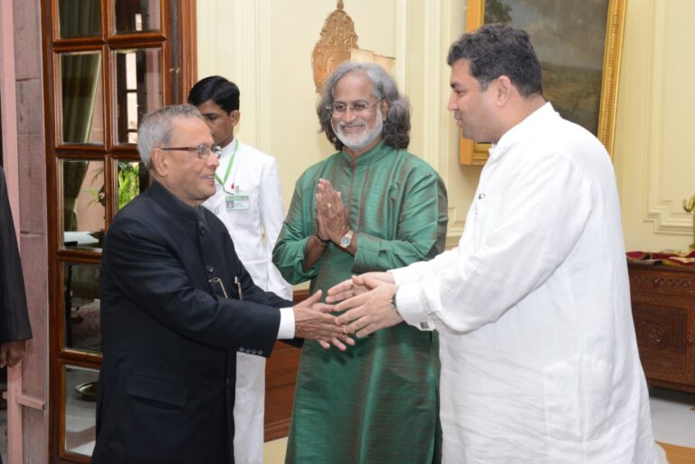 Sundeep Bhutoria meeting President of India, Pranab Mukherjee, in Delhi with Pt Vishwa Mohah Bhatt leading a delegation of artistes from Rajasthan