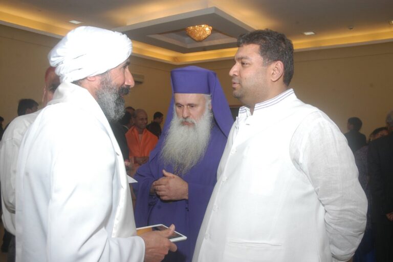 Sundeep Bhutoria with Rev Dr Patricio Viveros Robles, Archbishop of Church of Chile, and Dr Prof Archbishop Malkhaz Songulashvili, Church of Georgia, at the World Confluence of Humanity, Power & Spirituality