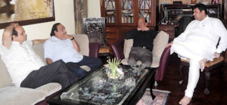 Sundeep Bhutoria with Mahendra Ajnabi, Pradeep Choubey and Surendra Sharma at a dinner at his residence in Kolkata