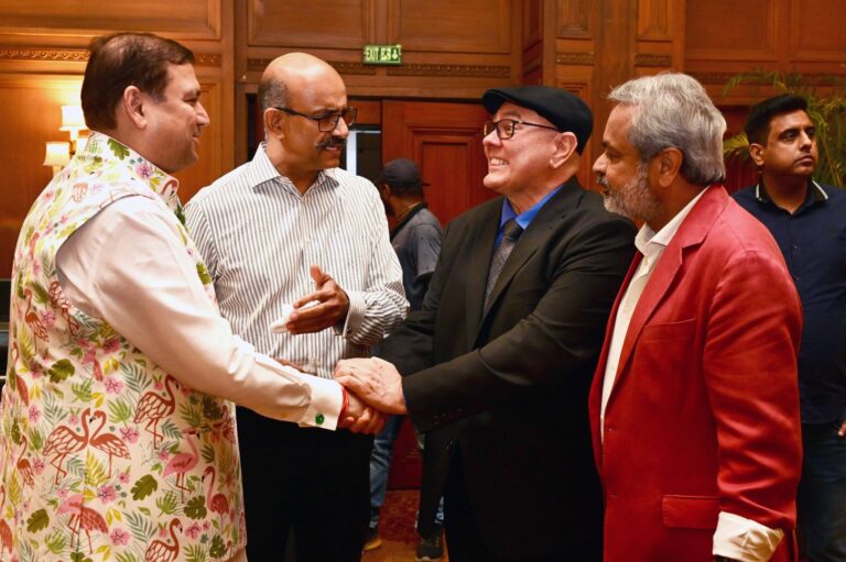 Sundeep Bhutoria greeting Grammy Award-winning New York-based jazz pianist Edsel Gomez Edsel Gomez at his recital at Taj Bengal flanked by K Mohanchandran, Vice President Operations of IHCL, and Sanjeev Bhargava, founder and Director, Seher