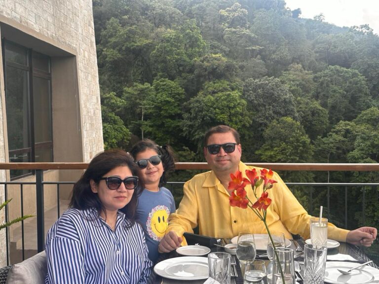 Sundeep Bhutoria with his wife Manjari Bhutoria and Aavya M Bhutoria at the Taj Guras Kutir in Sikkim