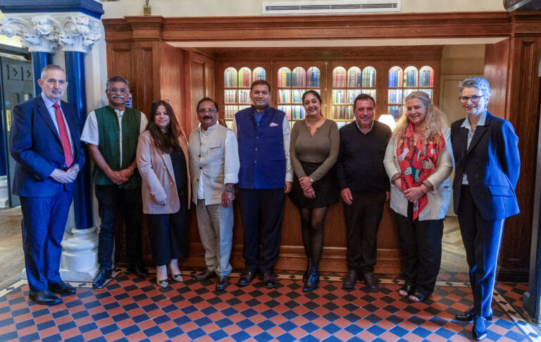 Sundeep Bhutoria with Steve Hartley, Raj Patel, Cathy Tongper, Padmesh Gupta, Kiran Manku, Paul Grufalo, Diana Munoz and Sally Dunsmore at the Randolf hotel in Oxford, UK.