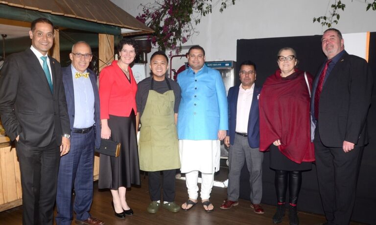 Sundeep Bhutoria with (L-R) Arnab Chatterjee, Miguel Diaz, Kathy Giles Diaz, Chef Erik Idos, Barbara Voss and Franz Kemper