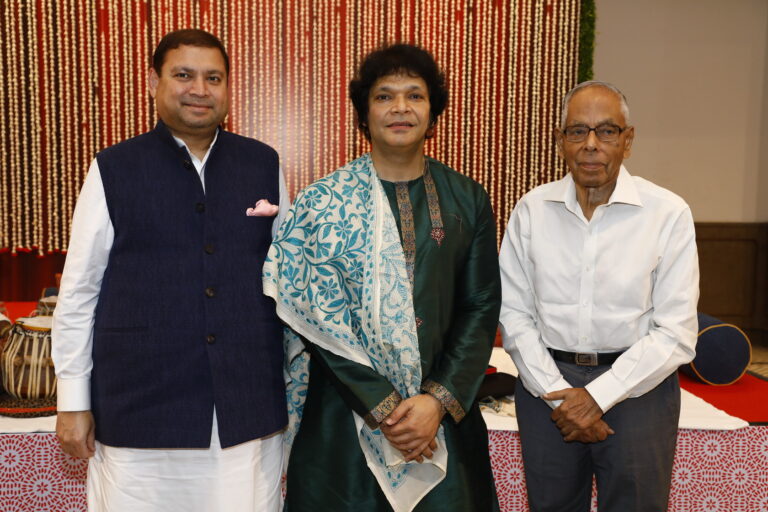 Sundeep Bhutoria with two-time Grammy award winner Rakesh Chourasia and MK Narayana, former governor of West Bengal