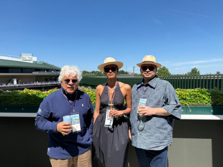 Sundeep Bhutoria with Suhel Seth and Lakshmi Menon at Wimbledon