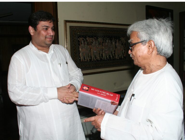 Sundeep Bhutoria at his residence with Biman Bose and Dr Prabha Khaitan. He presented him with L.K. Advani’s autobiography ‘My Country My Life’