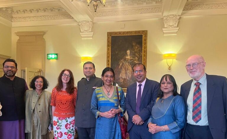 Sundeep Bhutoria with (L-R) Yadavan Chandran, Garrabost D Jayalakshmi, Avril Gray, Mallika Sarabhai, Siddharth Malik, Consul General of India in Edinburgh, Bashabi Fraser and Neil Fraser