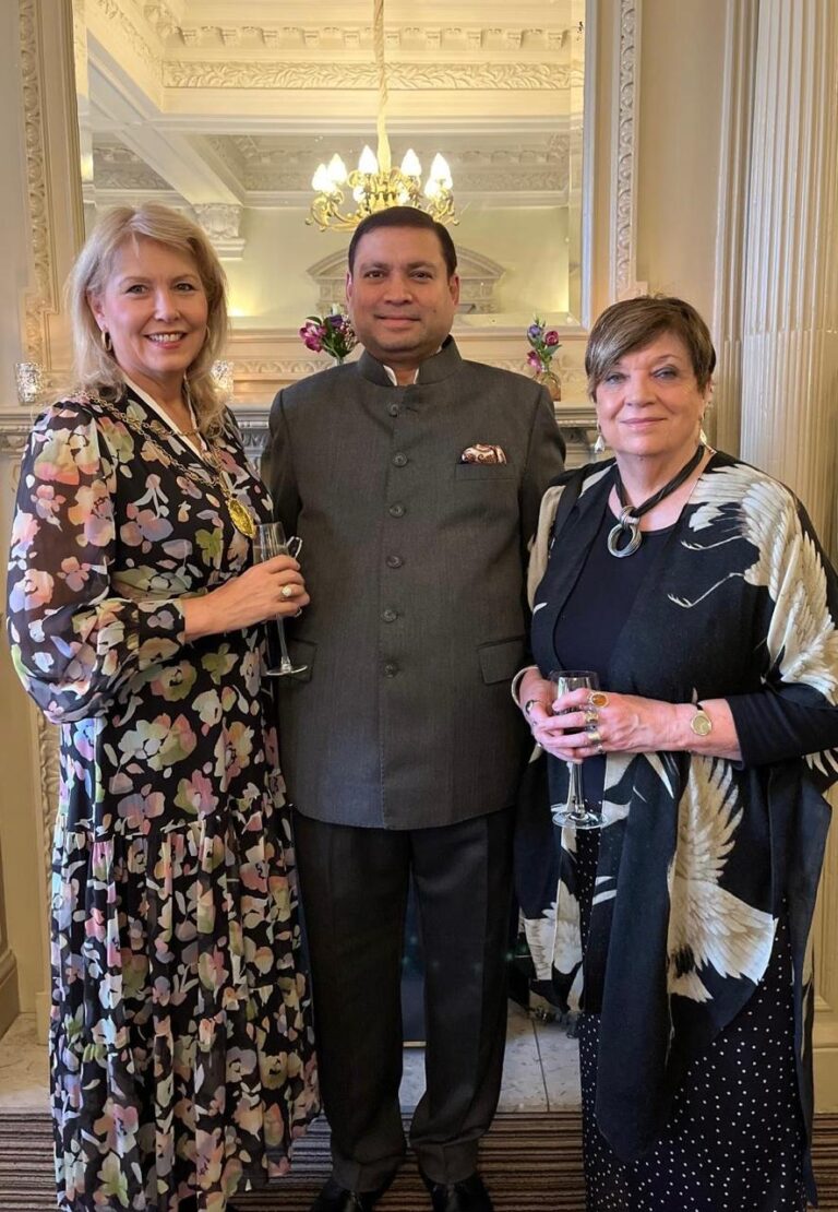 Sundeep Bhutoria with Lezley Marion Cameron, Depute Lord Provost of Edinburgh and Lady Joyce Caplan at the Balmoral in Edinburgh
