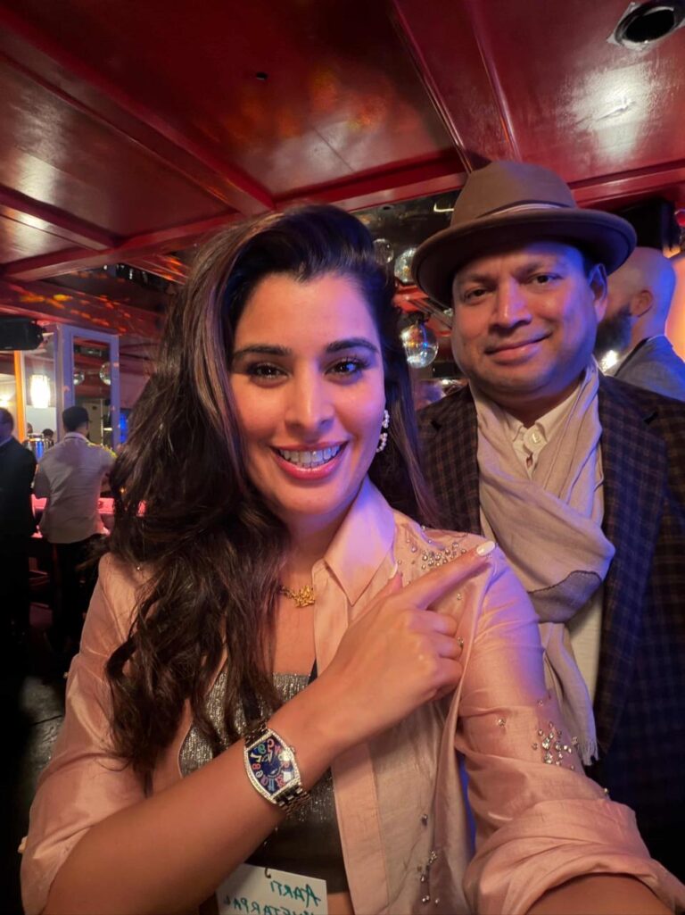 Sundeep Bhutoria with Grammy-nominated artist for Sounds of Khumba, Aarti Khetarpal at Ricky Kej’s party in Los Angeles