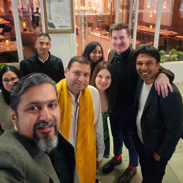 Sundeep Bhutoria with Ricky Kej and friends outside Bombay Palace in Beverly Hills
