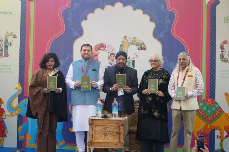 Sundeep Bhutoria with Swati Vashishtha, Jagdeep Singh, Namita Gokhale and Sanjoy Roy at the launch of Jagdeep Singh’s book at the Jaipur Lit Fest
