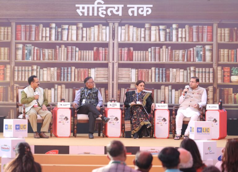 Sundeep Bhutoria speaking at the Sahitya Aaj Tak in New Delhi along with panellists (L-R), Jai Prakash Pandey, Ashok Kumar Bal and Dr Sandhya Purecha.