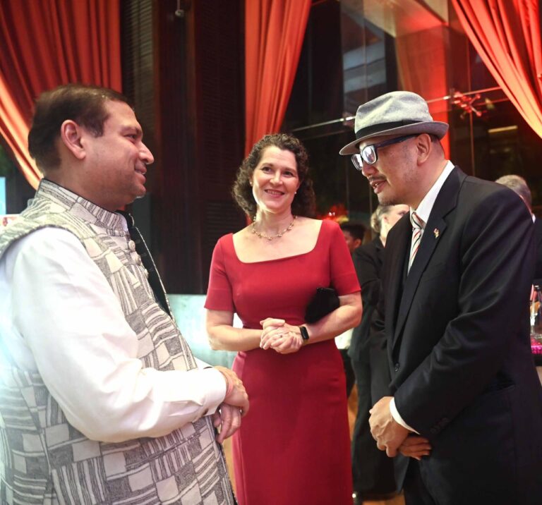 Sundeep Bhutoria with US Consul General Kathy Giles-Diaz and the Director of Kikkoman India, Harry Hakuei Kosato, at the Freedom 250 celebrations ‘an exclusive taste of America’ reception