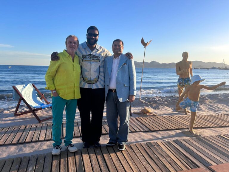 Sundeep Bhutoria with Roland Herlory and Emeric Tchatchoua at the launch of the Vilebrequin x 3.PARADIS swimwear collaboration in Cannes during the Cannes Film Festival